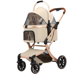 Pet Stroller for Small/Medium Dogs Cats up to 40lbs with 4 Wheels -Zipperless Entry, Easy Fold, Detachable Carrier, Large Capacity Storage Basket (Khaki)