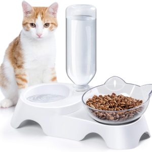 Double Dog Cat Bowls - Pets Water and Food Bowl Set, 15°Tilted Water and Food Bowl Set with Automatic Waterer Bottle for Small or Medium Size Dogs Cats