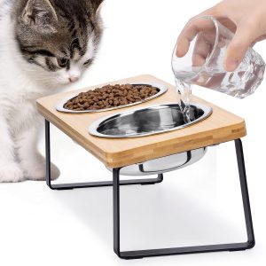 Elevated Cat Bowls for Food and Water -  15° Tilted Raised Stainless Steel Cat Food Bowl with Bamboo Stand and Anti Vomit Feeding Station for Indoor Cats and Pet…