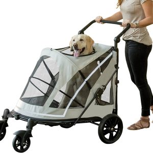 NO-Zip Pet Stroller with Dual Entry, Push Button Zipperless Entry for Single or Multiple Dogs/Cats, Pet Can Easily Walk in/Out, No Need to Lift Pet, Gel-Filled Tires, 1 Model, New Fog