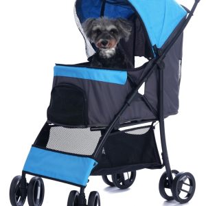 Foldable Jogger Pet Stroller with Weather Cover Storage Basket Pet Travel Carrier for S/M Dogs Cats up to 50lbs (Blue)