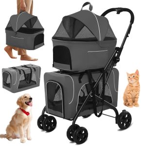 4 in 1 Dog Stroller for Small/Medium Pets with Detachable Carriers, Durable Pet Stroller with Wheels, Cat Dog Cart with 600D Oxford Cloth, Ideal for 2 Dogs Cats (Grey)