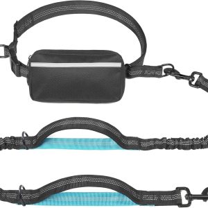Hands Free Dog Leash with Zipper Pouch, Dual Padded Handles and Durable Bungee for Walking, Jogging and Running Your Dog (Large, 25-120 lbs, Black)